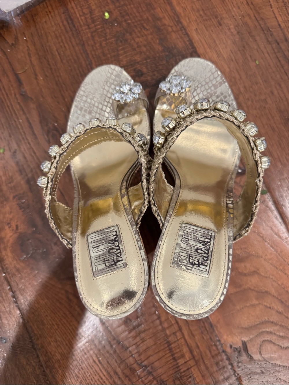 FIONI Clothing Metallic Gold Jeweled Crochet Slide Sandals - Picture 6 of 11